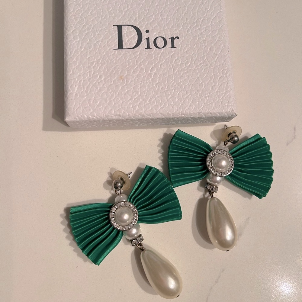 Vintage Christian Dior Pearl Crystal Satin Bow Drop Earrings